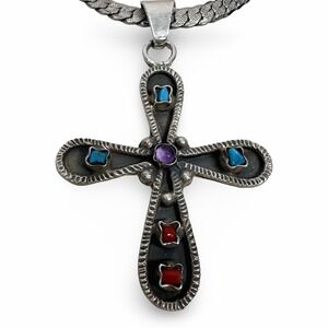Taxco Mexico 925 Sterling Silver Turquoise Coral Amethyst Cross Pendant Necklace